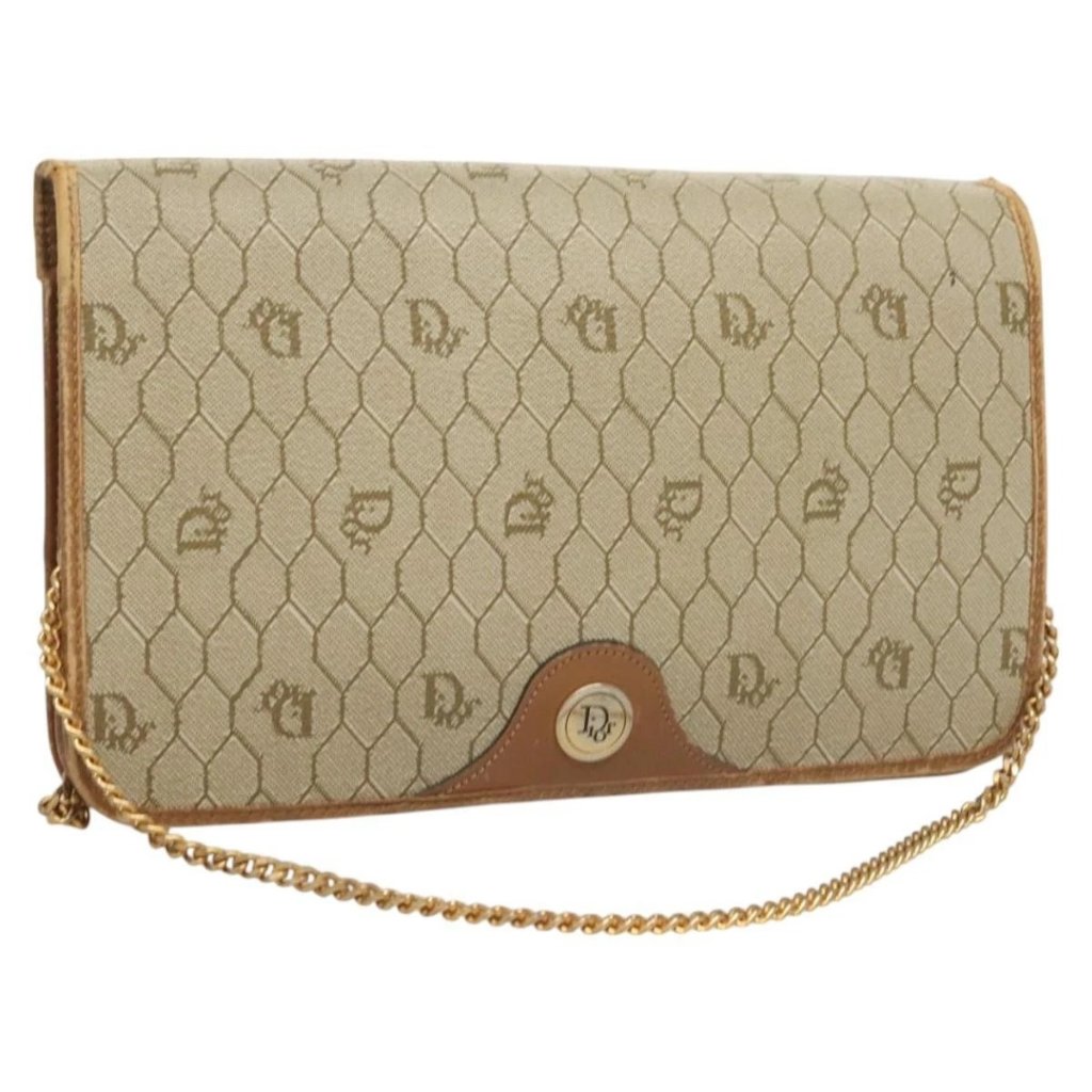 Christian Dior Honeycomb Canvas Chain Shoulder Bag Pvc Beige Gold Auth Ti3242